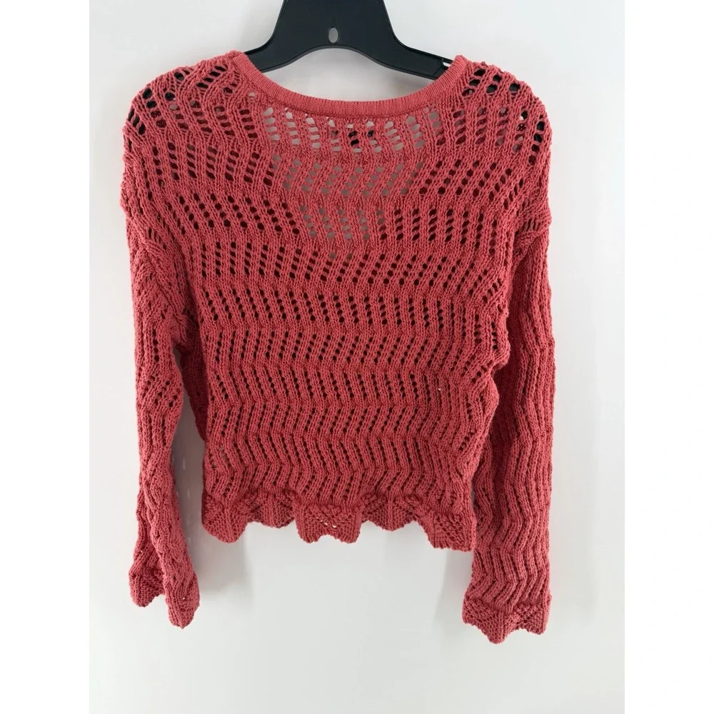 American Eagle Sweater Women XS Red Cropped Pointelle V-Neck Scalloped Hem